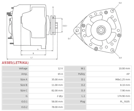 Alternator ORYGINALNY  LETRIKA A9385(LETRIKA)