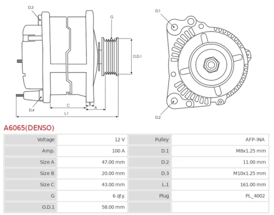 Alternator  100A TOYOTA AURIS 1.4 D4D