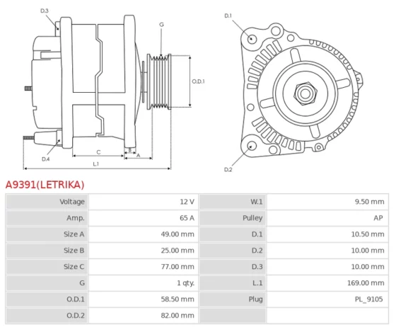 Alternator ORYGINALNY  LETRIKA A9391(LETRIKA)
